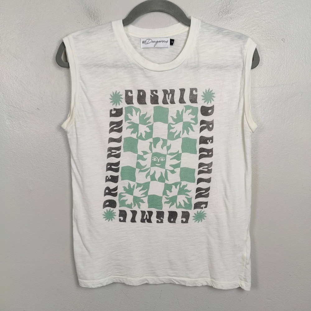 Girl Dangerous Tank Top‎ Womens Small Cosmic Dreaming Graphic Muscle Tee White - Picture 2 of 9